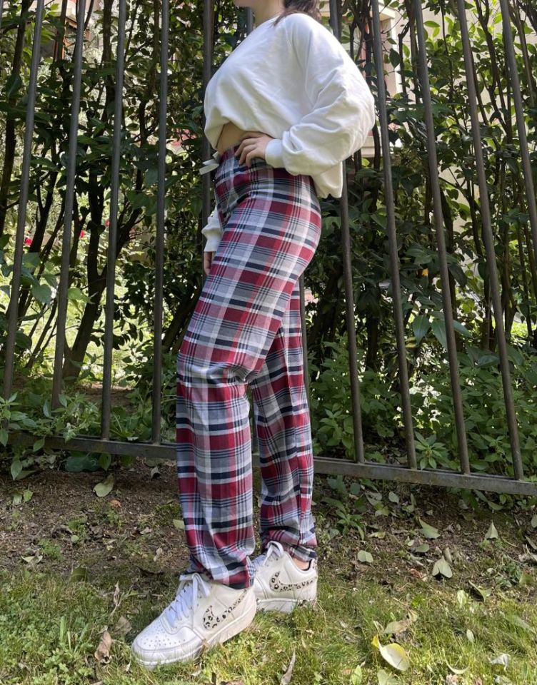 Kadın Pamuklu Ekose Desenli Pijama Altı Eşofman Kurdeleli Gri Bordo - L