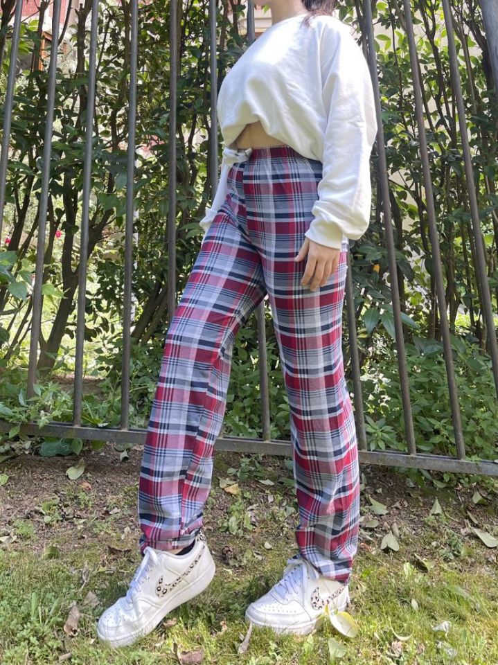 Kadın Pamuklu Ekose Desenli Pijama Altı Eşofman Kurdeleli Gri Bordo - L