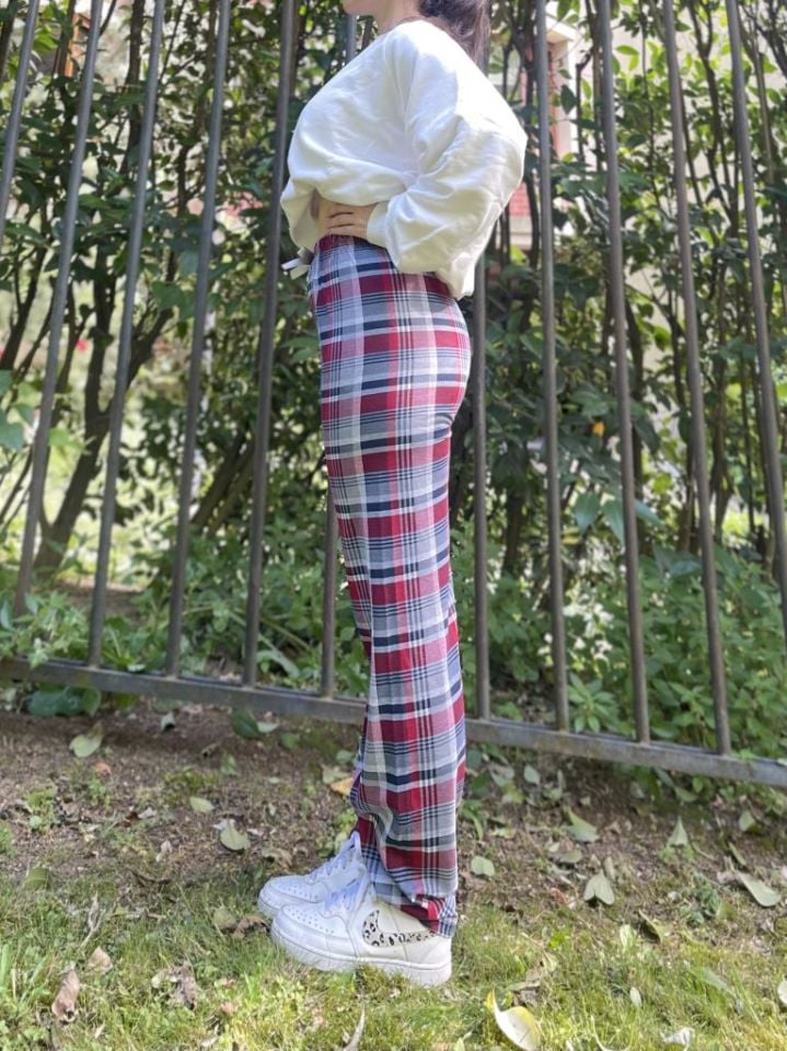 Kadın Pamuklu Ekose Desenli Pijama Altı Eşofman Kurdeleli Gri Bordo - L