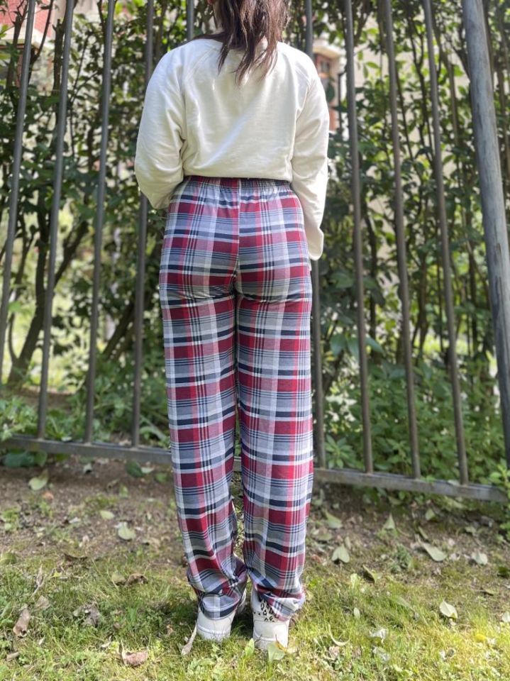Kadın Pamuklu Ekose Desenli Pijama Altı Eşofman Kurdeleli Gri Bordo - L
