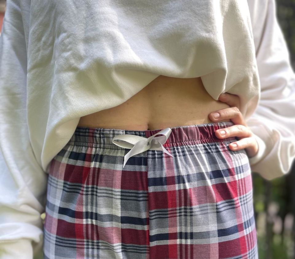 Kadın Pamuklu Ekose Desenli Pijama Altı Eşofman Kurdeleli Gri Bordo - L