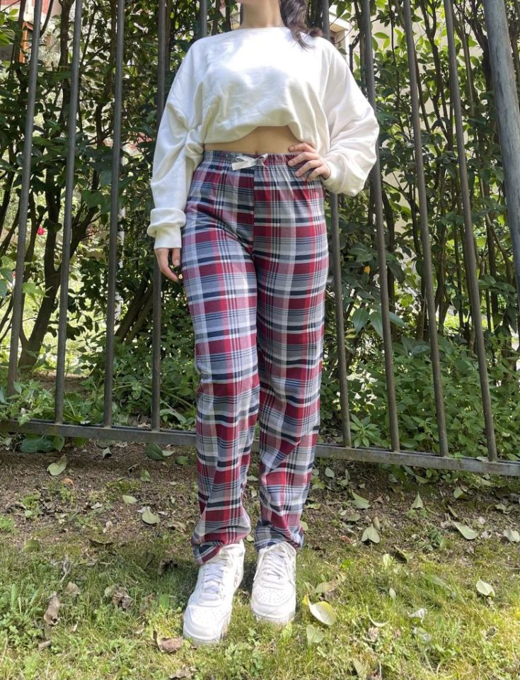 Kadın Pamuklu Ekose Desenli Pijama Altı Eşofman Kurdeleli Gri Bordo - L