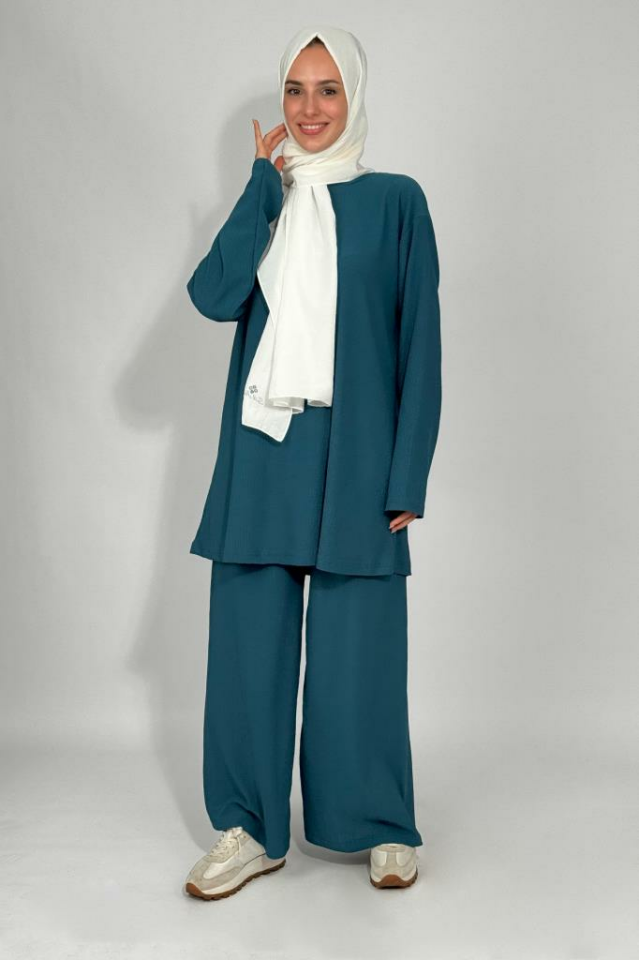 Kadın Tunik Pantolon Alt Üst İkili Rahat Kalıp Tesettür Takım Petrol - S