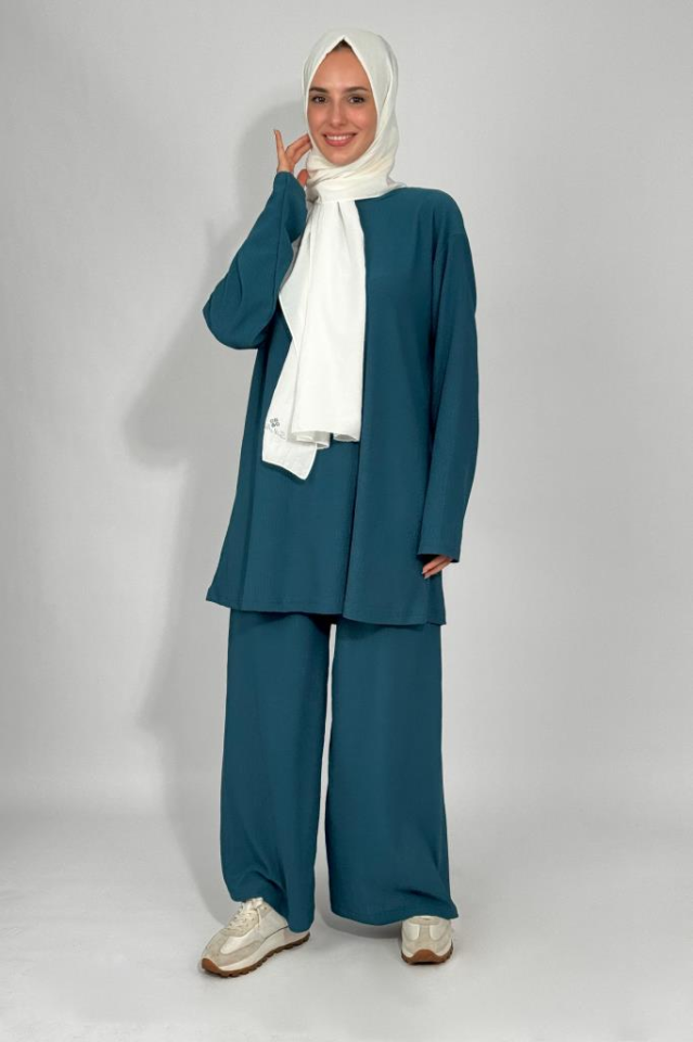 Kadın Tunik Pantolon Alt Üst İkili Rahat Kalıp Tesettür Takım Petrol - M