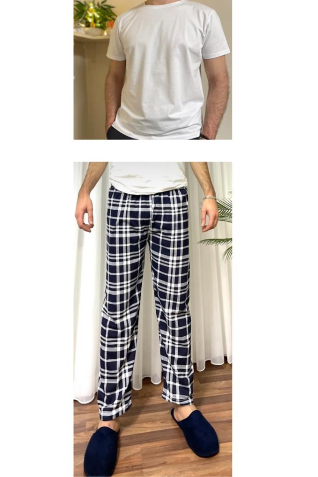 Regular Fit Alt Ekose Pamuklu Örme Bisiklet Yaka Erkek Pijama Takımı Lacivert Beyaz- Beyaz - XL