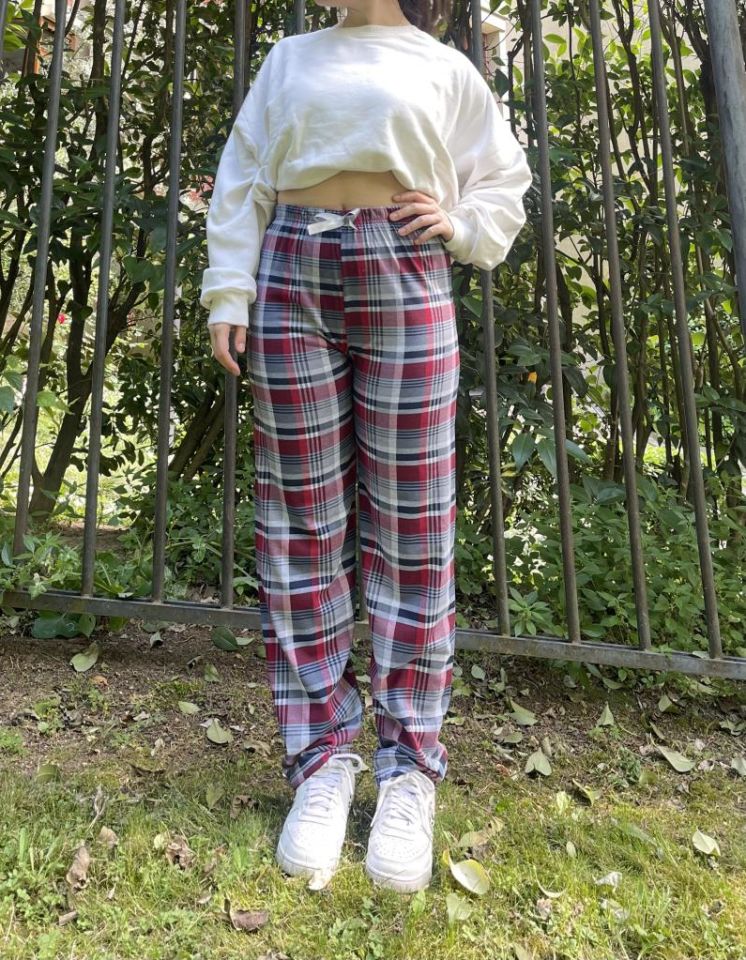 Kadın Pamuklu Ekose Desenli Pijama Altı Eşofman Kurdeleli Gri Bordo - XL