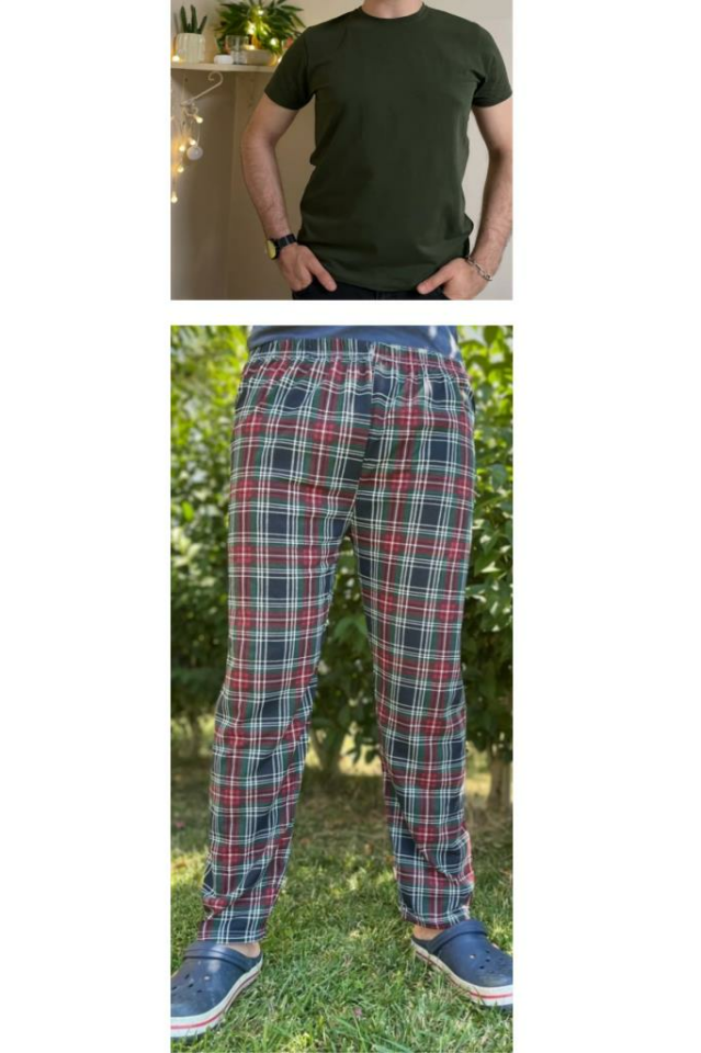 Regular Fit Alt Ekose Pamuklu Örme Bisiklet Yaka Erkek Pijama Takımı Bordo Kare-Yeşil - XXL