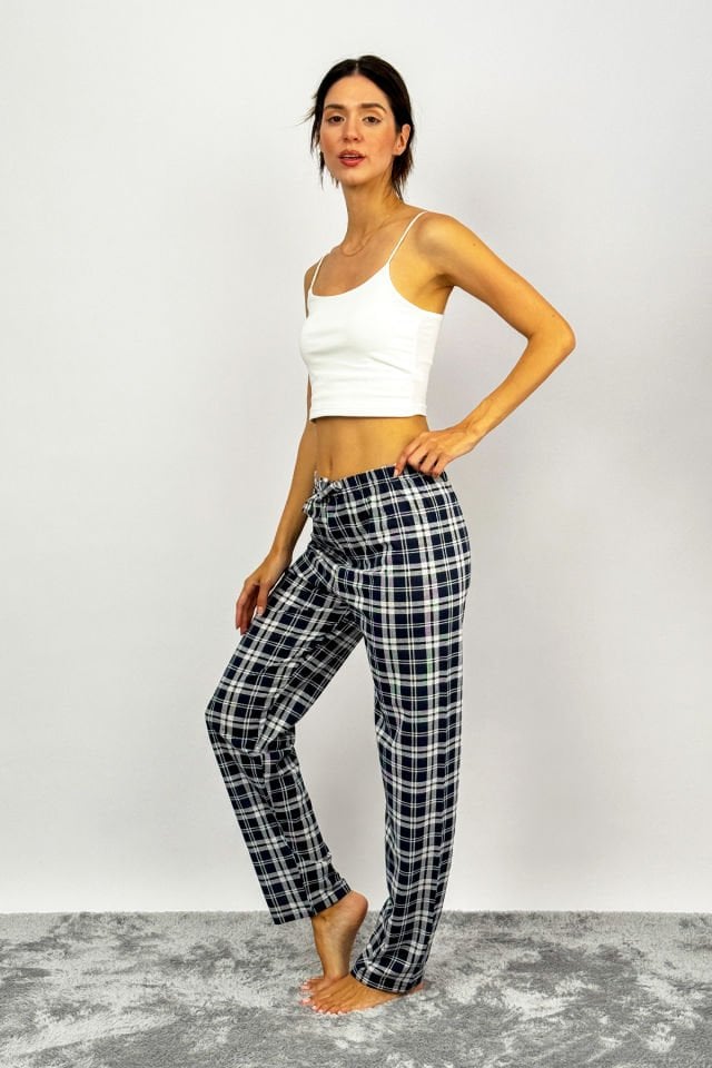 Kadın Pamuklu Ekose Desenli Pijama Altı Eşofman Kurdeleli Siyah Beyaz Kare - XL