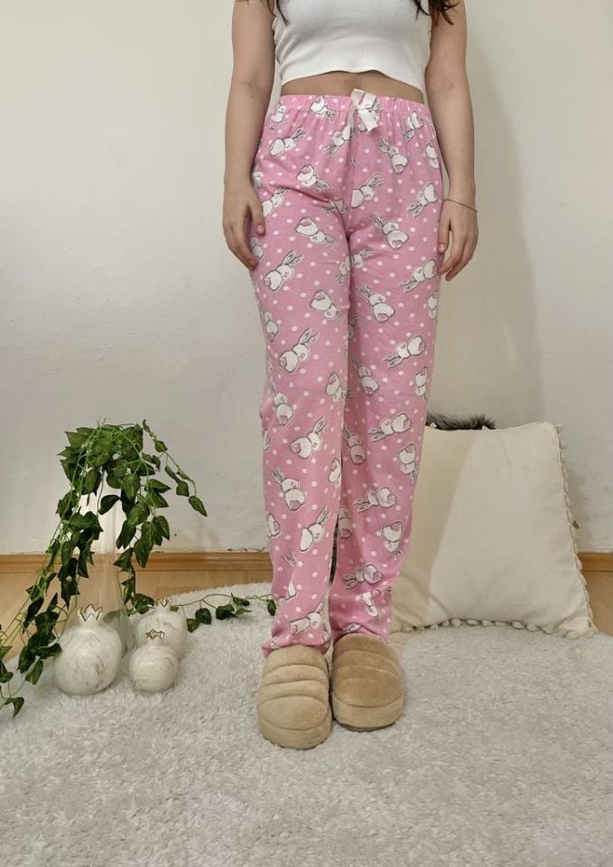 Betimoda Kadın Pijama Altı Kurdeleli Beyaz Siyah Kare Büyük Tavşan Pembe - 5XL