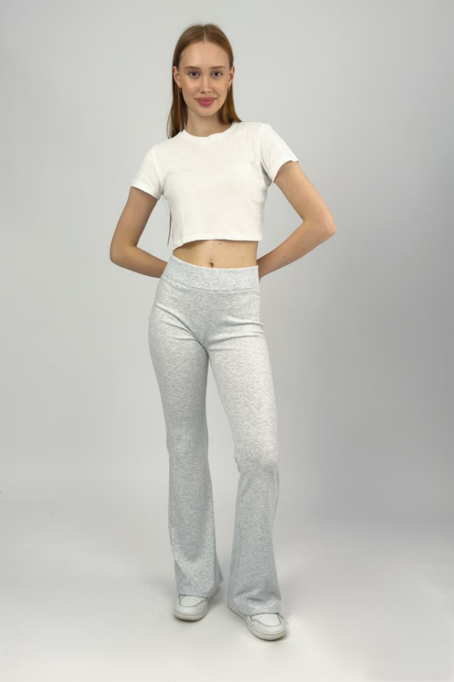 Kadın Yüksek Bel Likralı Esnek İspanyol Paça Pantolon Tayt Açık Gri - XL