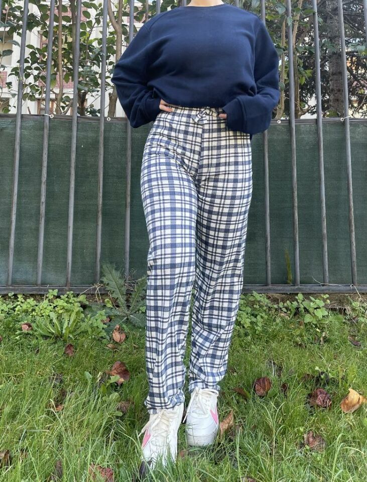 Kadın Pamuklu Ekose Desenli Pijama Altı Eşofman Kurdeleli Süp Laci Beyaz - 5XL