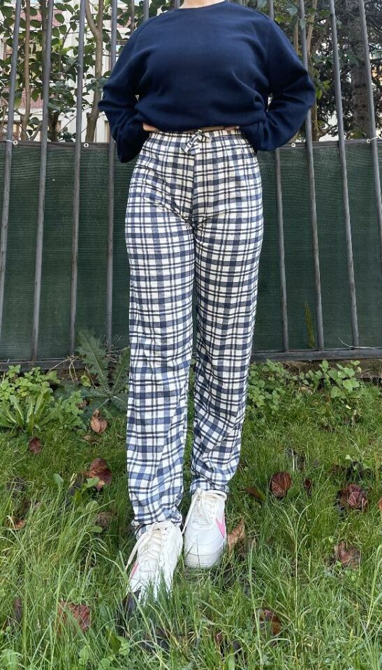 Kadın Pamuklu Ekose Desenli Pijama Altı Eşofman Kurdeleli Süp Laci Beyaz - 5XL
