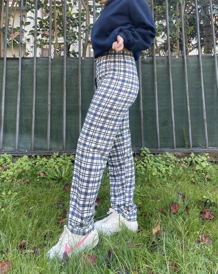 Kadın Pamuklu Ekose Desenli Pijama Altı Eşofman Kurdeleli Süp Laci Beyaz - 5XL