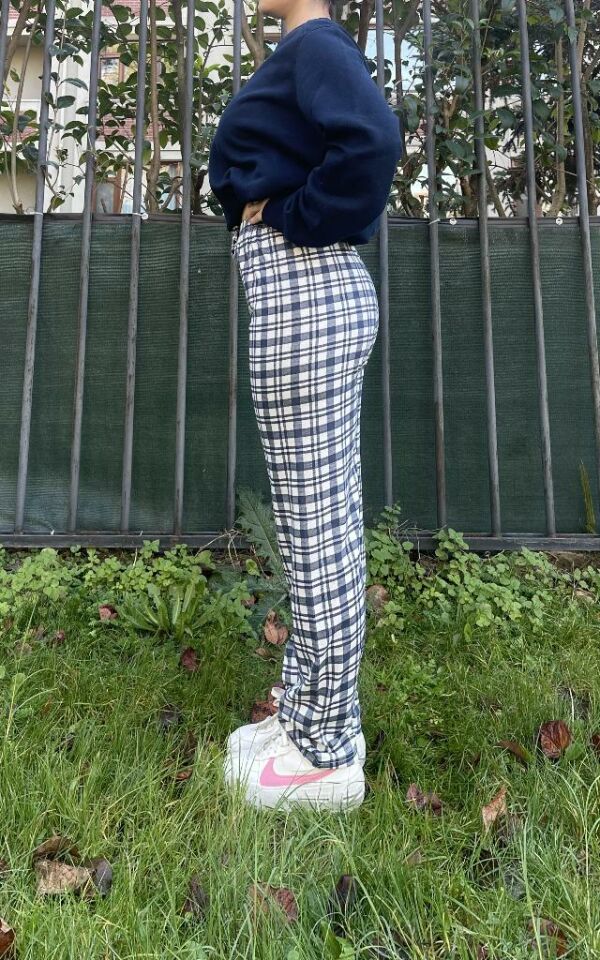 Kadın Pamuklu Ekose Desenli Pijama Altı Eşofman Kurdeleli Süp Laci Beyaz - 5XL