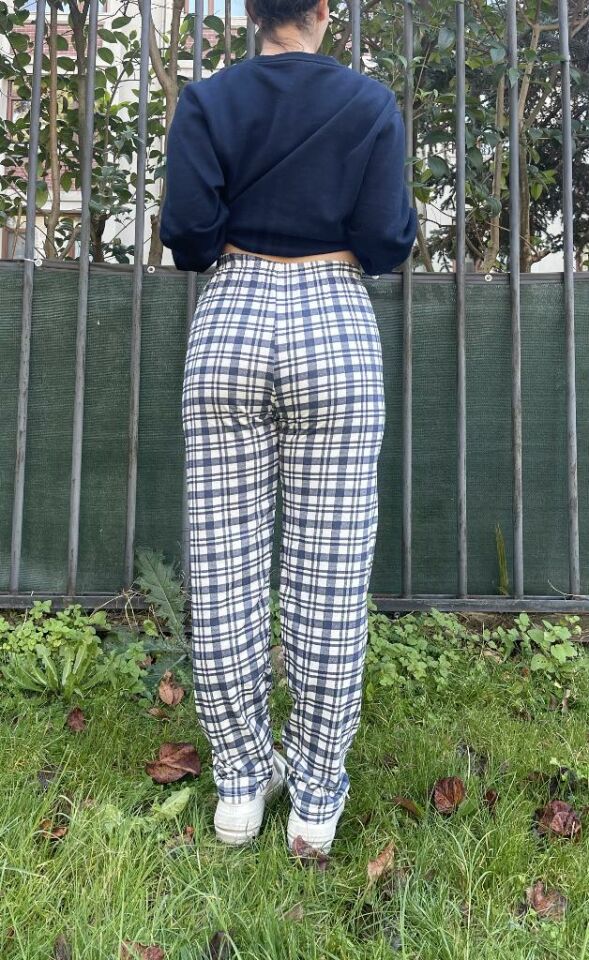 Kadın Pamuklu Ekose Desenli Pijama Altı Eşofman Kurdeleli Süp Laci Beyaz - 5XL