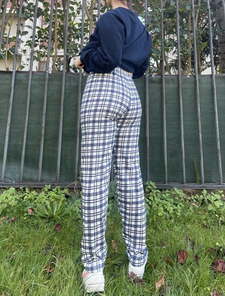 Kadın Pamuklu Ekose Desenli Pijama Altı Eşofman Kurdeleli Süp Laci Beyaz - 5XL