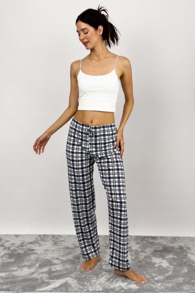 Kadın Pamuklu Ekose Desenli Pijama Altı Eşofman Kurdeleli Süp Laci Beyaz - 5XL