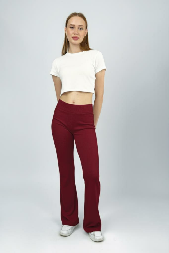 Kadın Yüksek Bel Likralı Esnek İspanyol Paça Pantolon Tayt BORDO - M