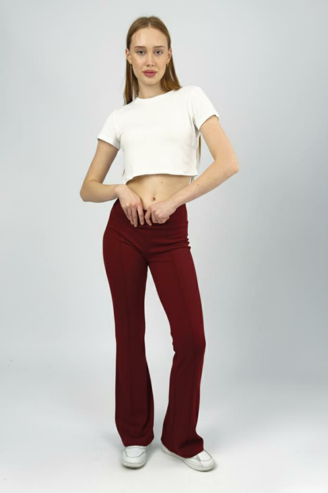 Kadın Yüksek Bel Likralı Esnek İspanyol Paça Pantolon Tayt BORDO - M
