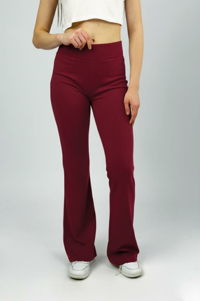 Kadın Yüksek Bel Likralı Esnek İspanyol Paça Pantolon Tayt BORDO - M