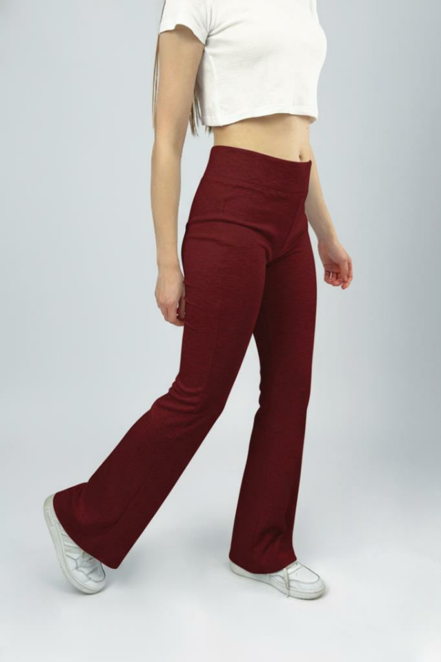 Kadın Yüksek Bel Likralı Esnek İspanyol Paça Pantolon Tayt BORDO - M