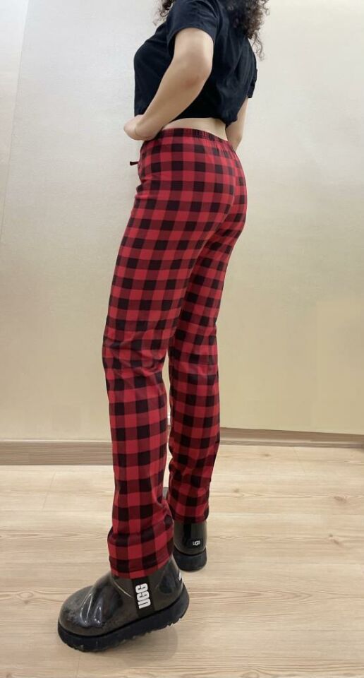 Kadın Lastikli Bel %100 Pamuk Kurdeleli Desenli Pijama Altı 4XL - Süp Kırmızı Pencere Kare