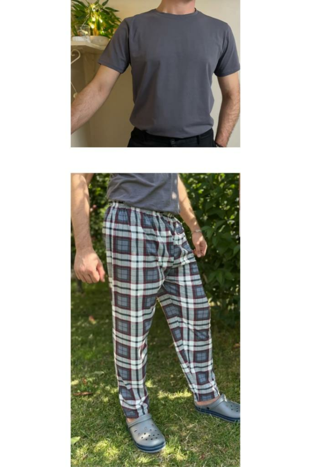Regular Fit Alt Ekose Pamuklu Örme Bisiklet Yaka Erkek Pijama Takımı Antrasit Kare- Gri - XL