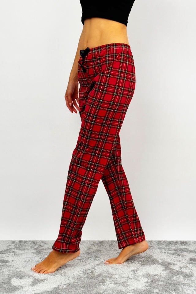 Kadın Pamuklu Ekose Desenli Pijama Altı Eşofman Kurdeleli Kırmızı Sarı - L