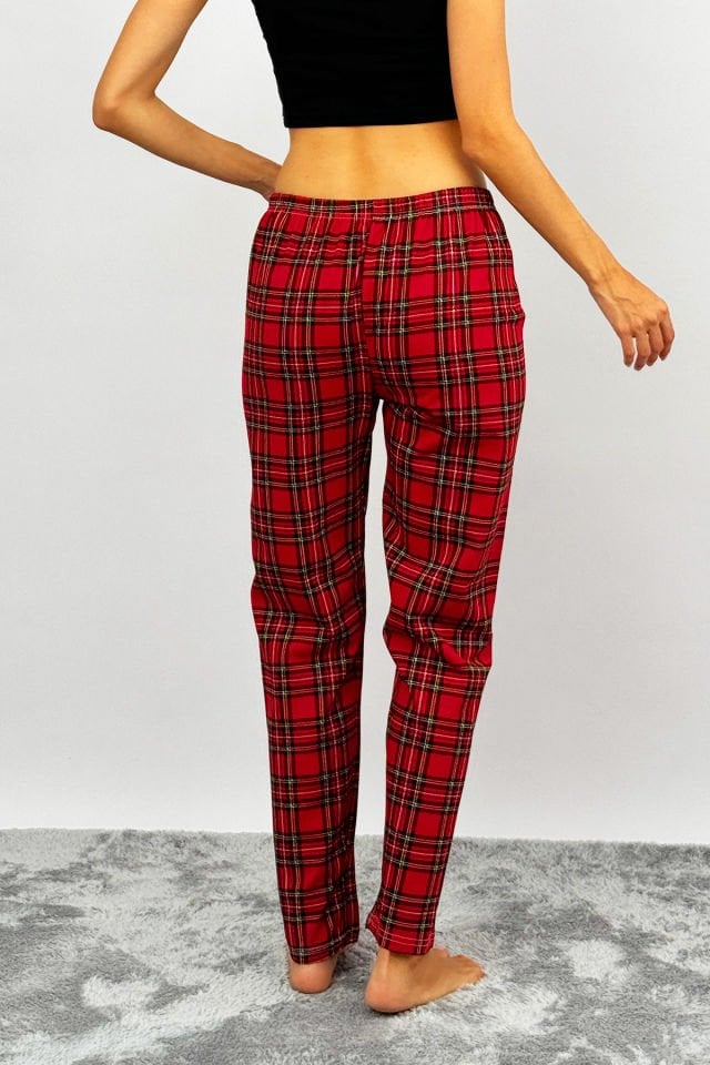 Kadın Pamuklu Ekose Desenli Pijama Altı Eşofman Kurdeleli Kırmızı Sarı - L