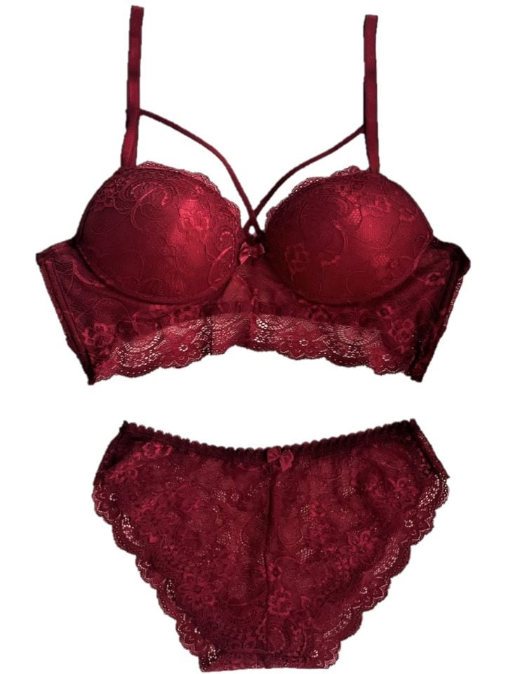 Kadın Dantelli Destekli Dolgulu Biye Detaylı Bralet İç Giyim Takımı BORDO - 80