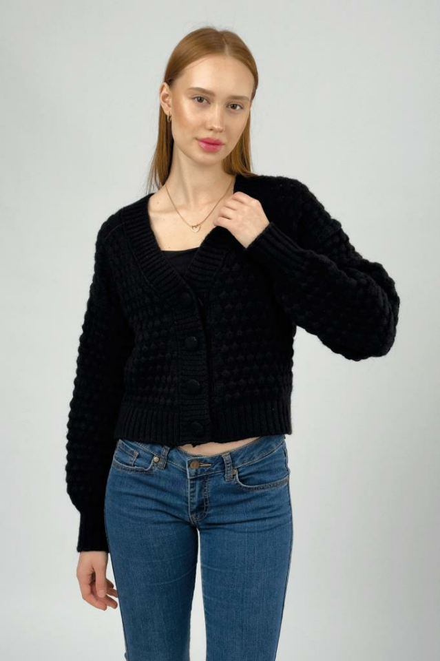 Kadın V Yaka Düğmeli Örme Triko Kısa Hırka Siyah - STD