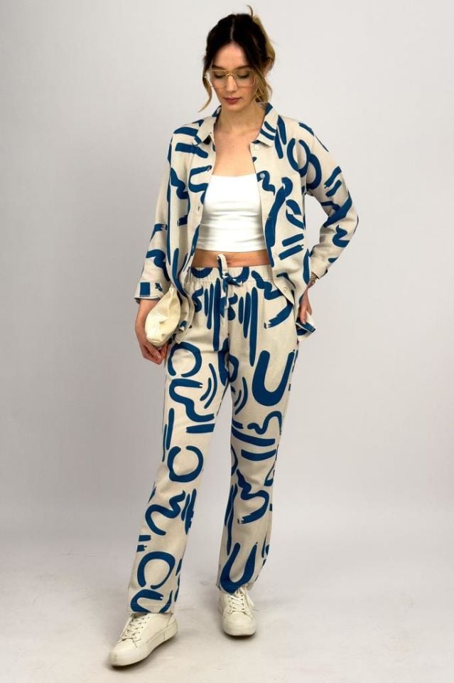 Kadın Keten Rahat Kalıp İkili Gömlek Alt Üst Takım