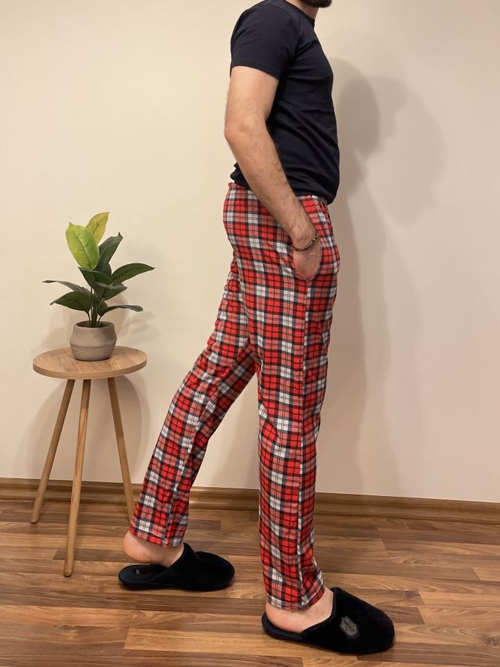 Erkek Pamuklu Cepli Pijama Altı Eşofman İC.Kırmızı Gri - XXL