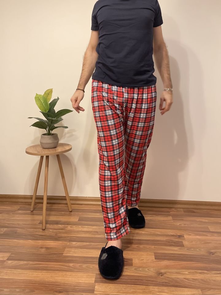 Erkek Pamuklu Cepli Pijama Altı Eşofman İC.Kırmızı Gri - XXL