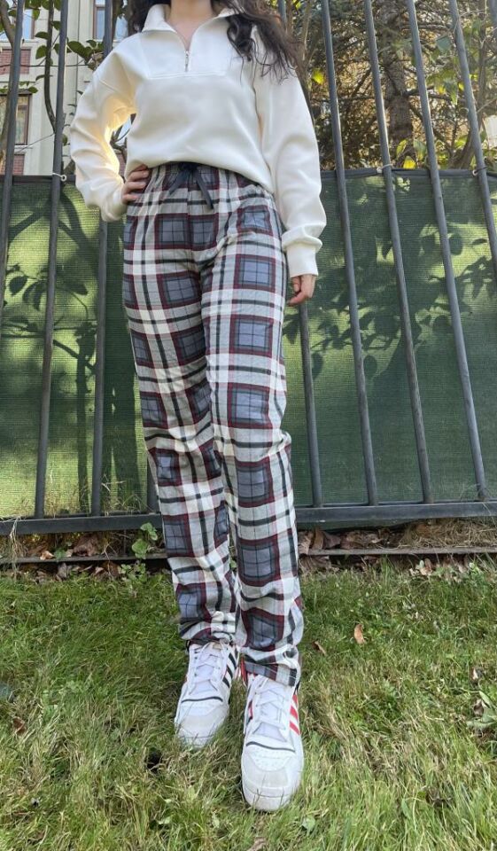 Kadın Pamuklu Ekose Desenli Pijama Altı Eşofman Kurdeleli Antrasit Kare - XXL