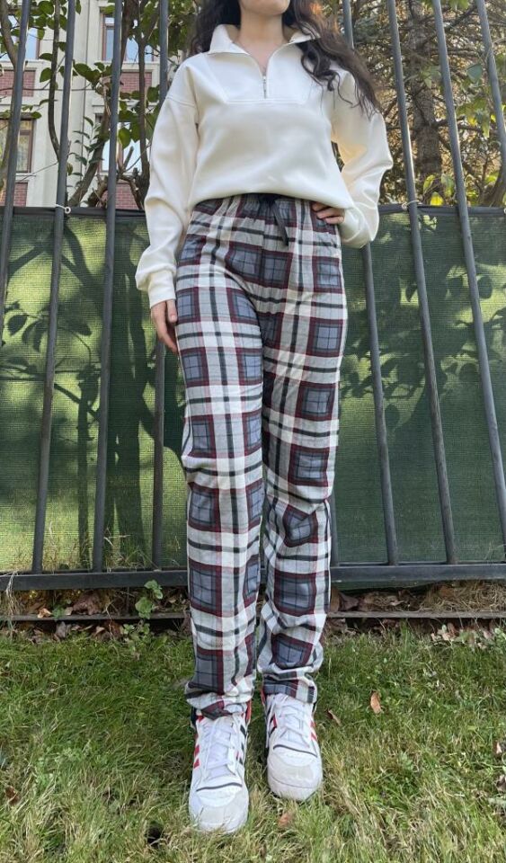 Kadın Pamuklu Ekose Desenli Pijama Altı Eşofman Kurdeleli Antrasit Kare - XXL