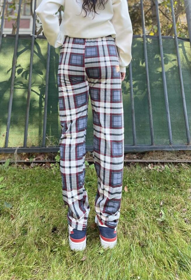 Kadın Pamuklu Ekose Desenli Pijama Altı Eşofman Kurdeleli Antrasit Kare - XXL