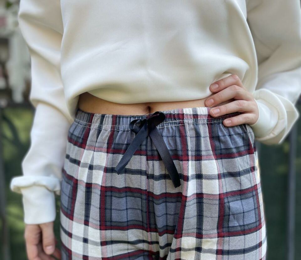 Kadın Pamuklu Ekose Desenli Pijama Altı Eşofman Kurdeleli Antrasit Kare - XXL