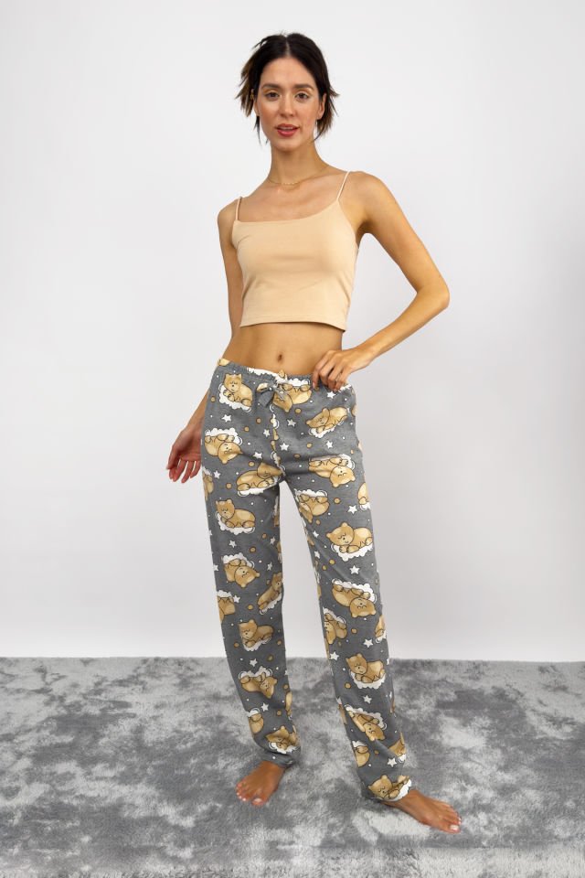 Kadın Pamuklu Ekose Desenli Pijama Altı Eşofman Kurdeleli Gri Ayıcık - M