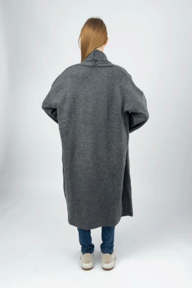 Kadın Şal Yaka Uzun Triko Hırka Antrasit - STD