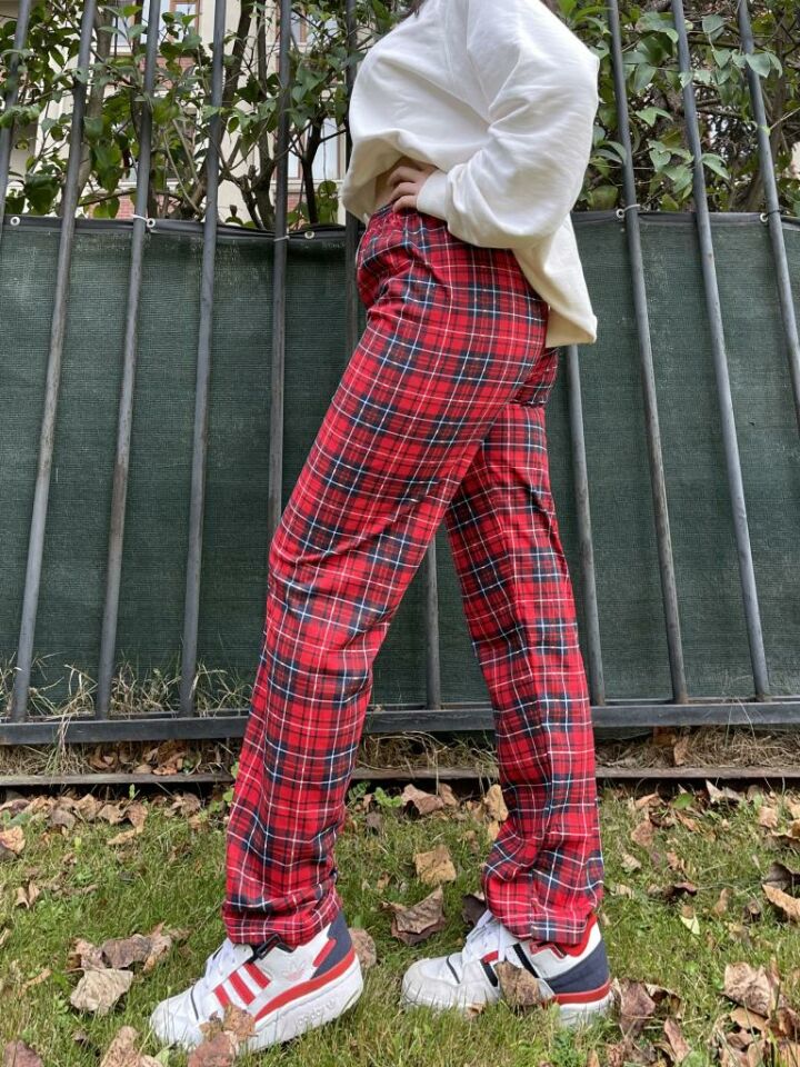 Kadın Pamuklu Ekose Desenli Pijama Altı Eşofman Kurdeleli Kırmızı Mavi - S