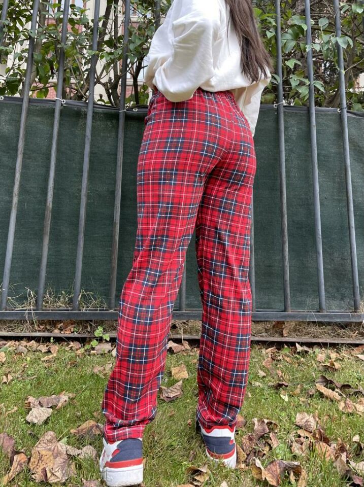 Kadın Pamuklu Ekose Desenli Pijama Altı Eşofman Kurdeleli Kırmızı Mavi - S