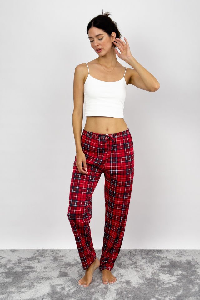 Kadın Pamuklu Ekose Desenli Pijama Altı Eşofman Kurdeleli Kırmızı Mavi - L