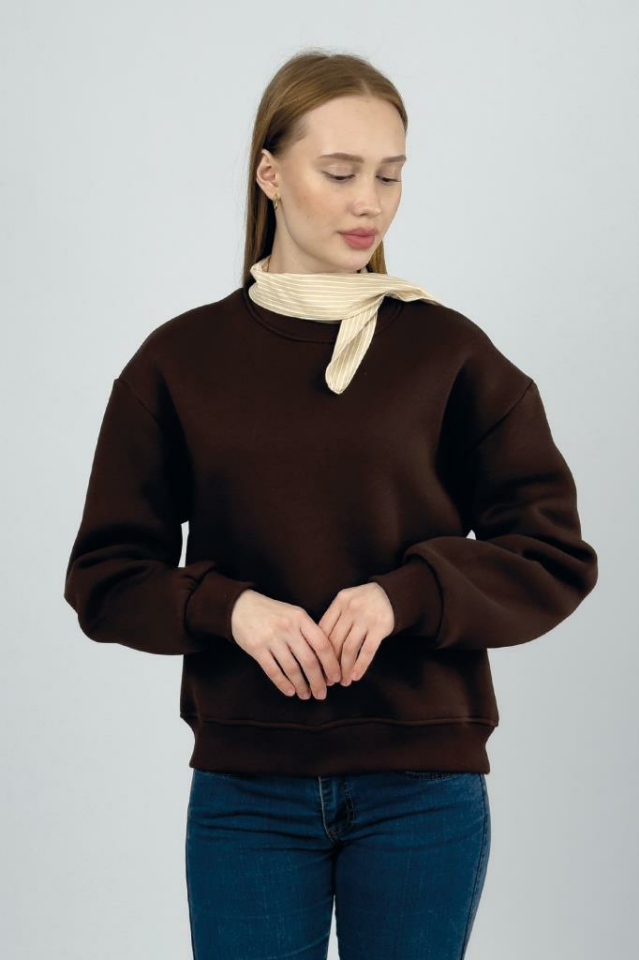 Kadın Basic Pamuklu İçi Polarlı Yakalı Sweatshirt Kahve - M