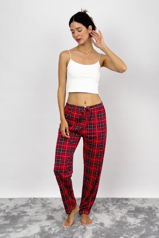 Kadın Pamuklu Ekose Desenli Pijama Altı Eşofman Kurdeleli Kırmızı Mavi - XL