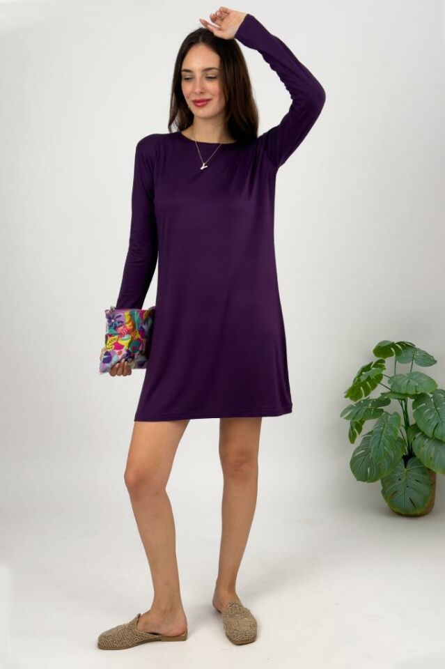 Kadın Penye  Uzun Tunik Elbise Sıfır Kol Bisiklet Yaka Mürdüm - 2XL/3XL