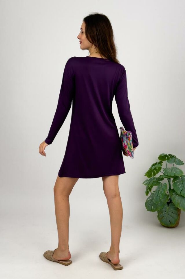 Kadın Penye  Uzun Tunik Elbise Sıfır Kol Bisiklet Yaka Mürdüm - 2XL/3XL