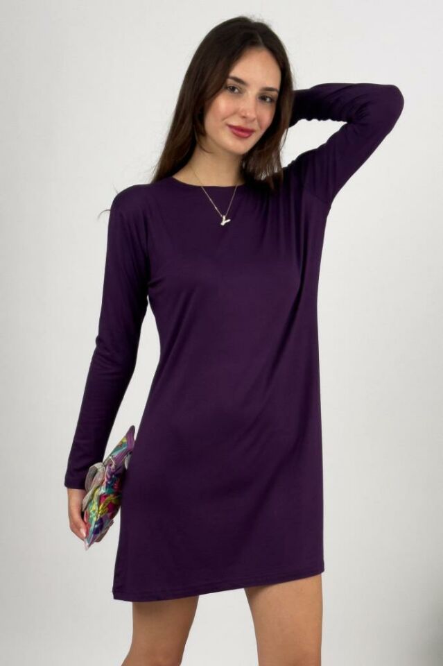 Kadın Penye  Uzun Tunik Elbise Sıfır Kol Bisiklet Yaka Mürdüm - 2XL/3XL