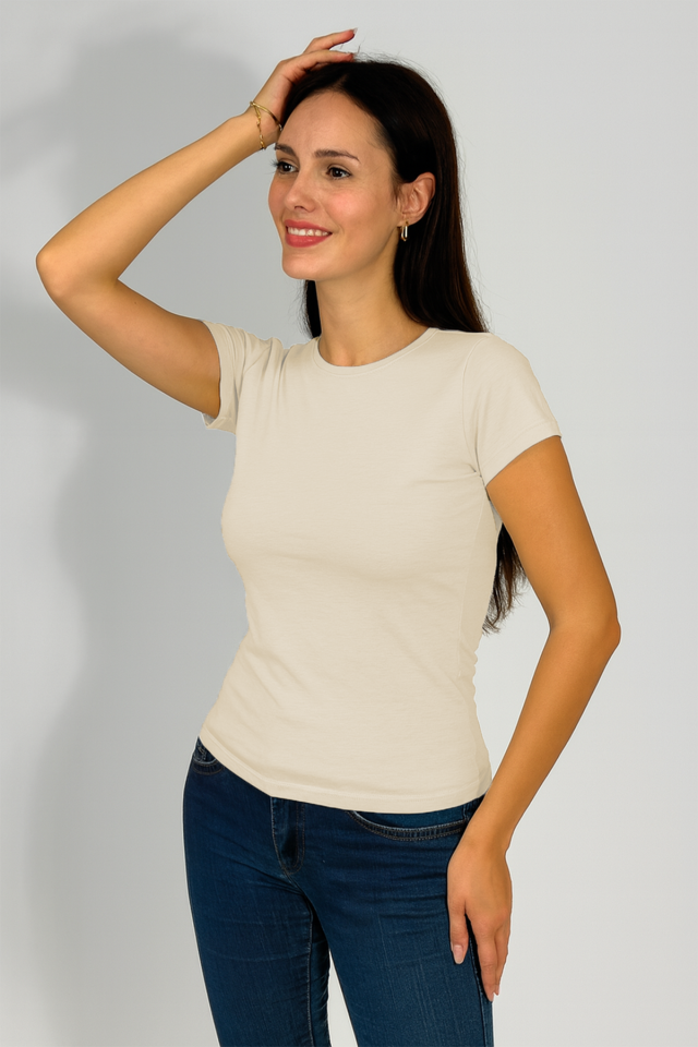 Kadın Kısa Kollu Bisiklet Yaka Body EKRU - L/XL