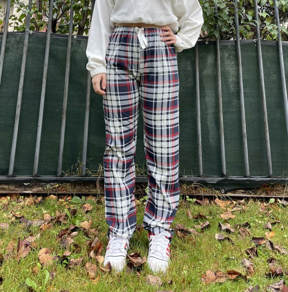 Kadın Pamuklu Ekose Desenli Pijama Altı Eşofman Kurdeleli Bordo Lacivert Kare - XXL